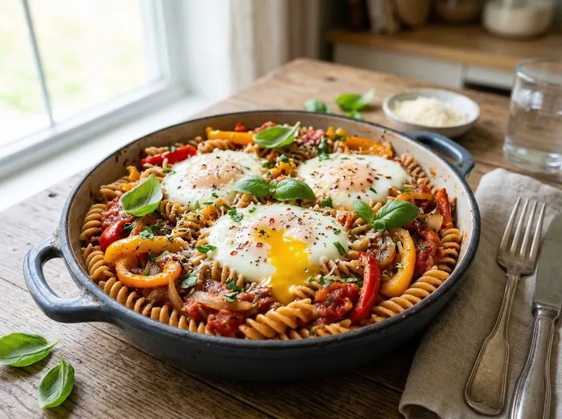 Baked Eggs Bell peppers Whole wheat pasta