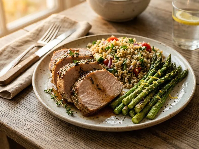 Baked Pork loin Asparagus Bulgur