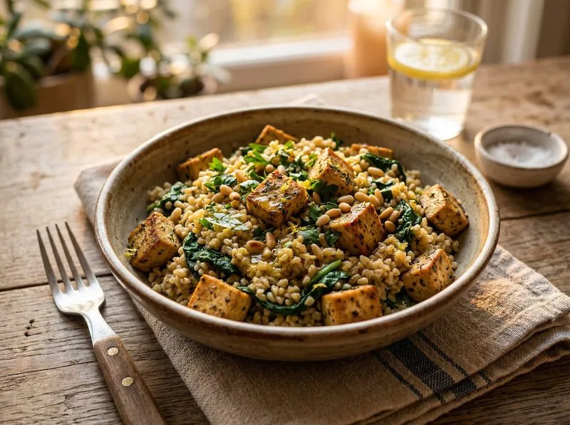 Baked Tofu Spinach Bulgur