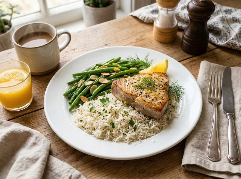 Baked Tuna Green beans Basmati rice