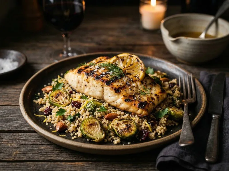 Grilled Cod Brussels sprouts Quinoa