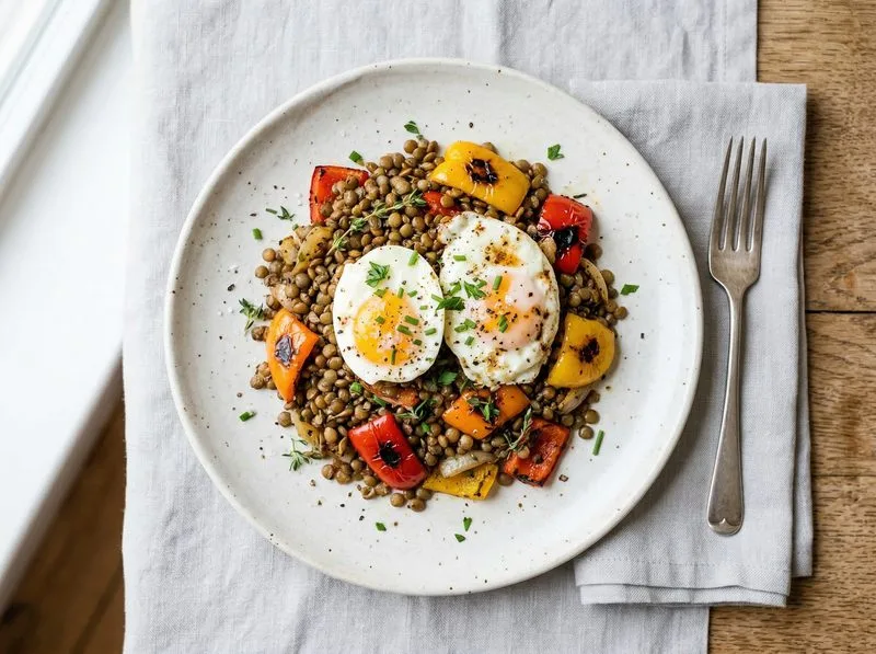 Grilled Eggs Bell peppers Lentils