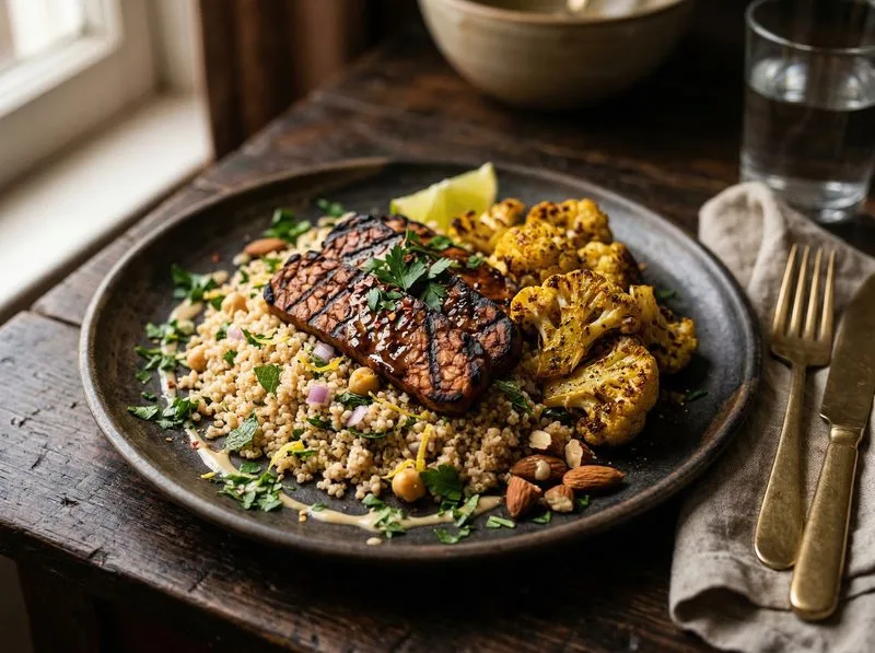 Grilled Tempeh Cauliflower Whole wheat couscous