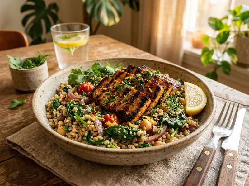 Grilled Tofu Spinach Bulgur