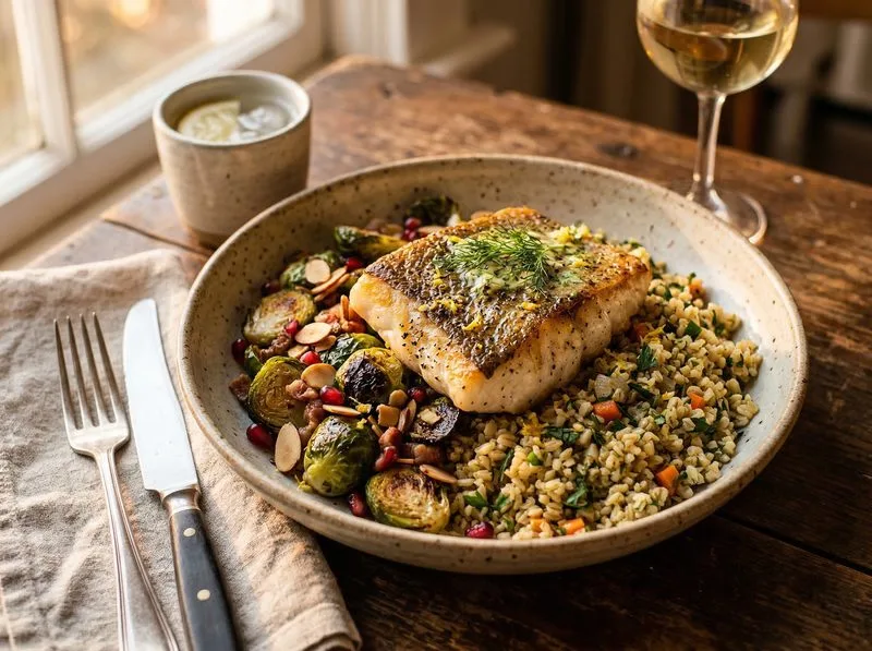 Pan-seared Cod Brussels sprouts Bulgur