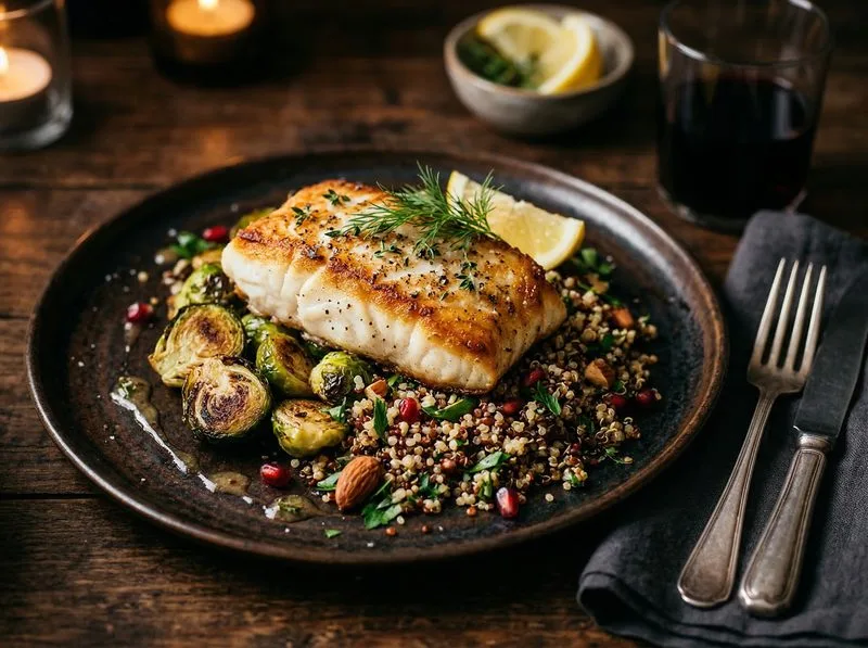 Pan-seared Cod Brussels sprouts Quinoa