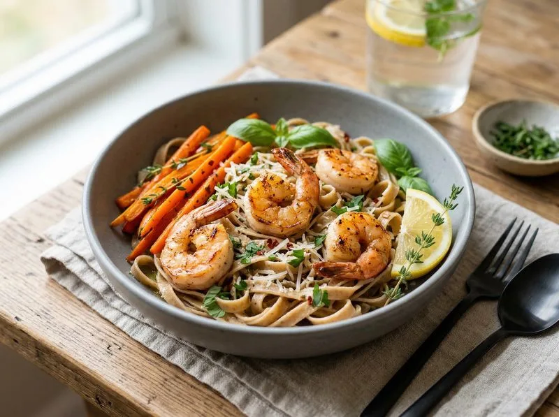 Pan-seared Shrimp Carrots Whole wheat pasta