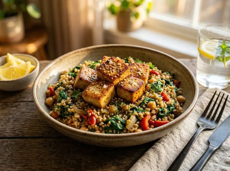 Pan-seared Tofu Spinach Bulgur