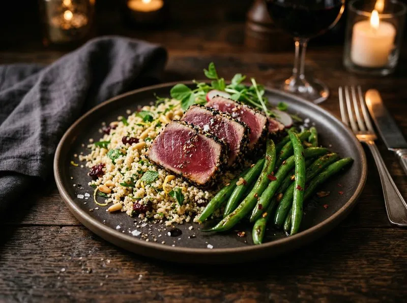 Pan-seared Tuna Green beans Whole wheat couscous