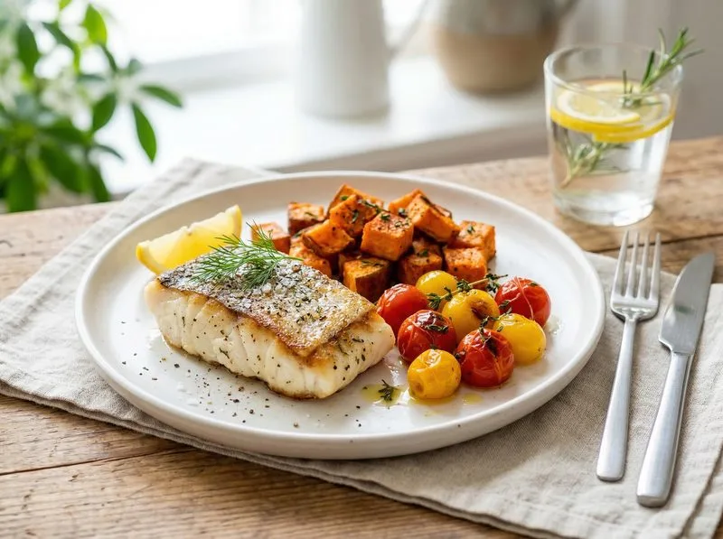 Pan-seared White fish Tomatoes Sweet potato