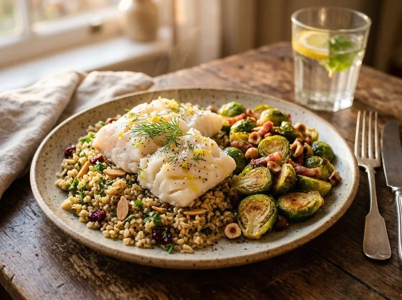 Steamed Cod Brussels sprouts Bulgur