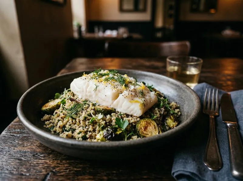 Steamed Cod Brussels sprouts Quinoa