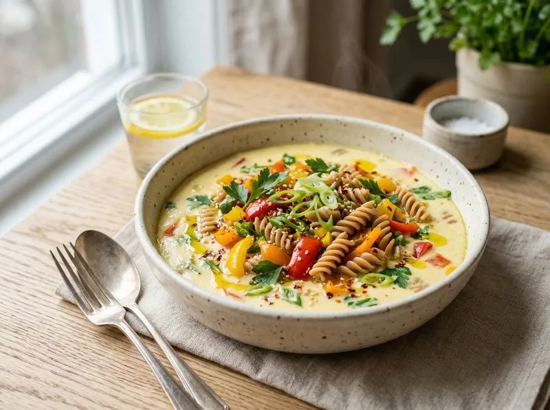 Steamed Eggs Bell peppers Whole wheat pasta