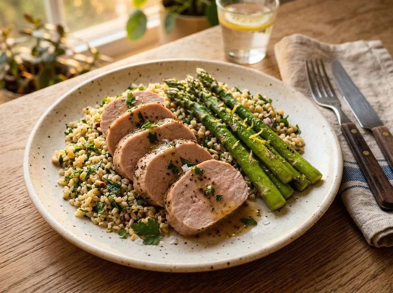 Steamed Pork loin Asparagus Bulgur