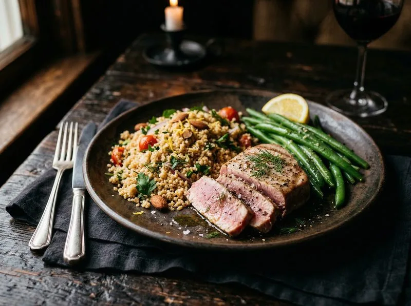 Steamed Tuna Green beans Whole wheat couscous