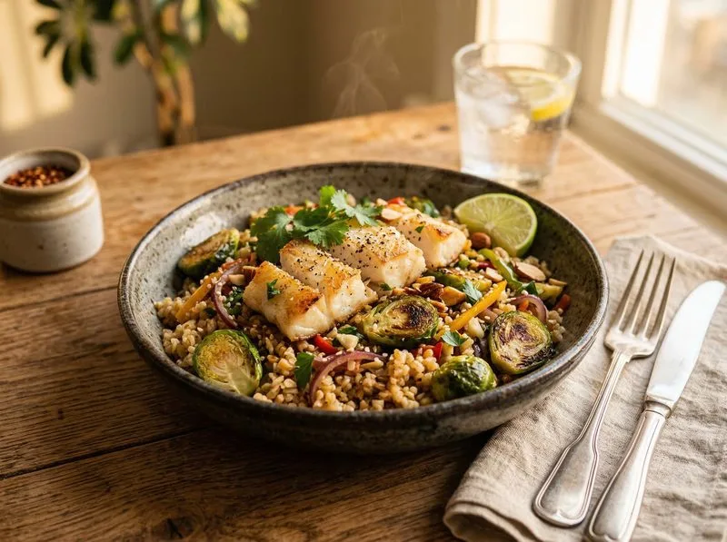Wok stir-fried Cod Brussels sprouts Bulgur