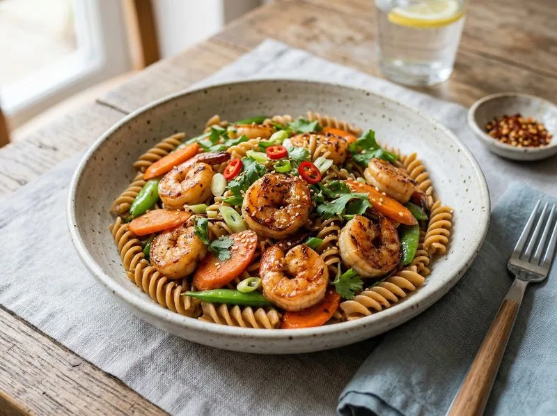 Wok stir-fried Shrimp Carrots Whole wheat pasta