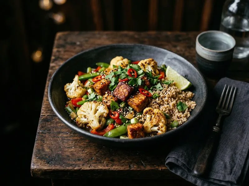 Wok stir-fried Tempeh Cauliflower Whole wheat couscous