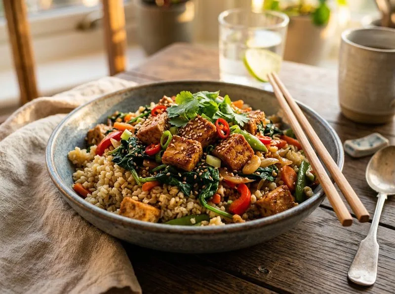 Wok stir-fried Tofu Spinach Bulgur