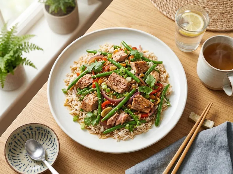 Wok stir-fried Tuna Green beans Basmati rice